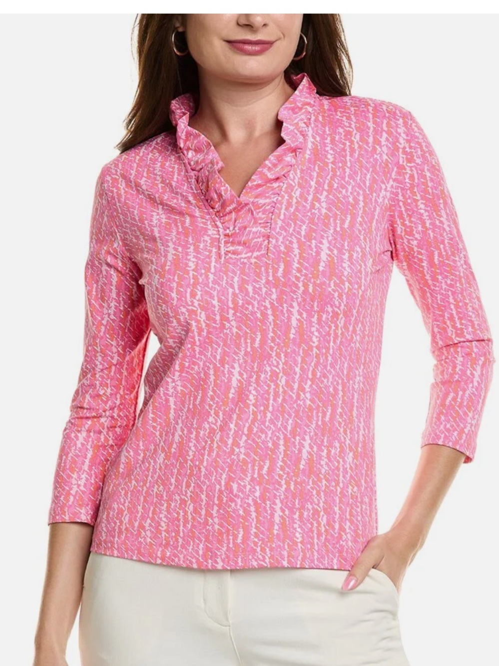 J. McLaughlin Catalina Cloth Top Sz S Ruffle Neck 3/4 Sleeve Stretchy Casual